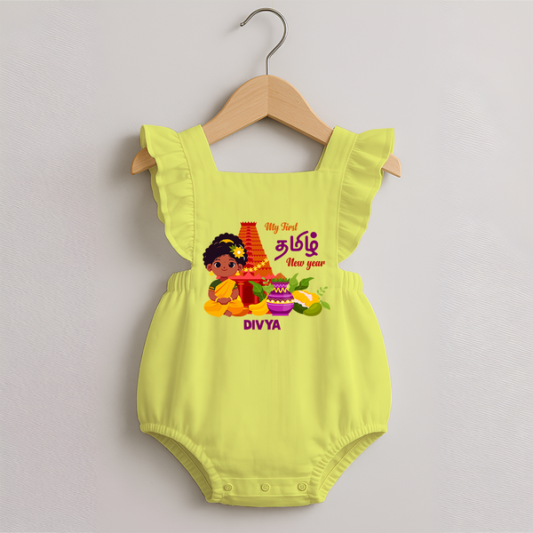 My First Tamil New Year Personalized Romper Frock – Traditional Girl Outfit - PASTEL YELLOW - 0 - 3 Months Old (Chest 19")