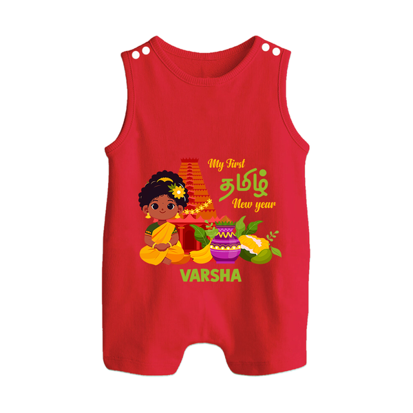 My First Tamil New Year Personalized Button Romper – Traditional Girl Outfit - RED - New Born (Chest 18")