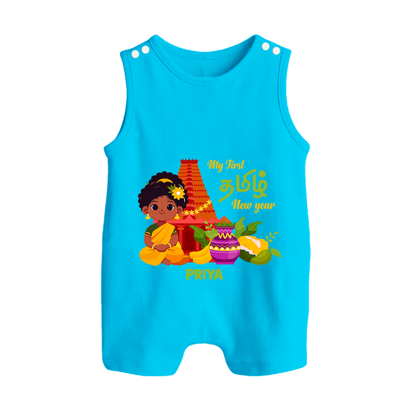 My First Tamil New Year Personalized Button Romper – Traditional Girl Outfit - SKY BLUE - New Born (Chest 18")