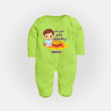 My First Tamil New Year Personalized Baby Full Body Suit – Festive Baby Boy Outfit - LIME GREEN - New Born (Chest 7.5")