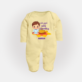 My First Tamil New Year Personalized Baby Full Body Suit – Festive Baby Boy Outfit - PASTEL YELLOW - New Born (Chest 7.5")