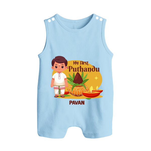 My First Tamil New Year Personalized Button Romper – Classic Traditional Outfit - BABY BLUE - New Born (Chest 18")