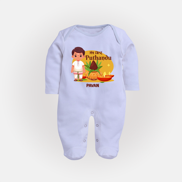 My First Tamil New Year Personalized Baby Full Body Suit – Classic Traditional Outfit - BABY BLUE - New Born (Chest 7.5")