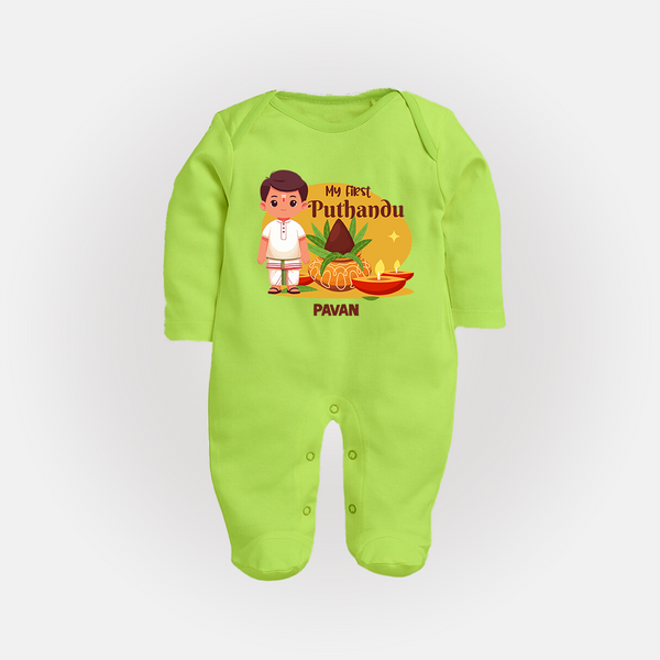 My First Tamil New Year Personalized Baby Full Body Suit – Classic Traditional Outfit - LIME GREEN - New Born (Chest 7.5")