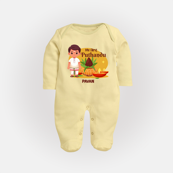 My First Tamil New Year Personalized Baby Full Body Suit – Classic Traditional Outfit - PASTEL YELLOW - New Born (Chest 7.5")