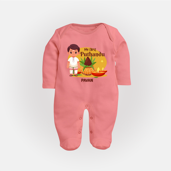 My First Tamil New Year Personalized Baby Full Body Suit – Classic Traditional Outfit - PEACH - New Born (Chest 7.5")
