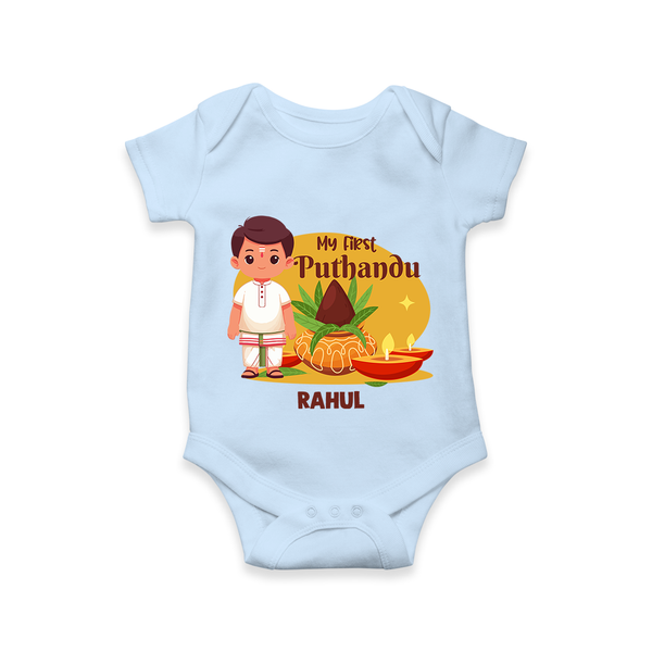 My First Tamil New Year Personalized Baby Romper – Classic Traditional Outfit - BABY BLUE - New Born (Chest 14")