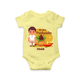My First Tamil New Year Personalized Baby Romper – Classic Traditional Outfit - PASTEL YELLOW - New Born (Chest 14")