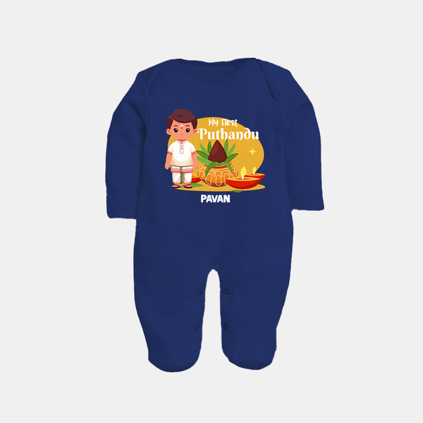 My First Tamil New Year Personalized Baby Full Body Suit – Classic Traditional Outfit - NAVY BLUE - New Born (Chest 7.5")