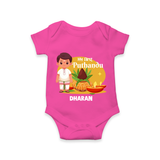 My First Tamil New Year Personalized Baby Romper – Classic Traditional Outfit - HOT PINK - New Born (Chest 14")
