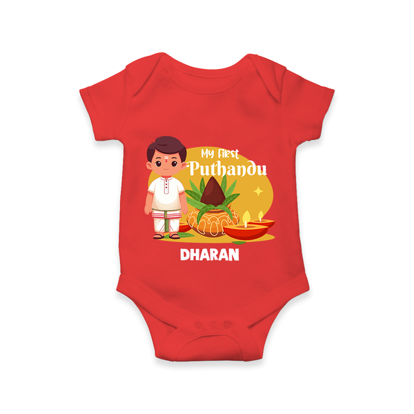 My First Tamil New Year Personalized Baby Romper – Classic Traditional Outfit - RED - New Born (Chest 14")