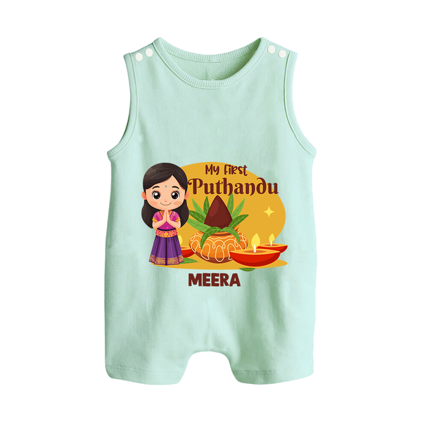 My First Puthandu Personalized Button Romper – Traditional Tamil New Year Outfit - MINT GREEN - New Born (Chest 18")