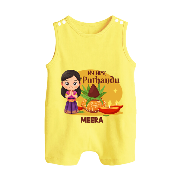 My First Puthandu Personalized Button Romper – Traditional Tamil New Year Outfit - PASTEL YELLOW - New Born (Chest 18")