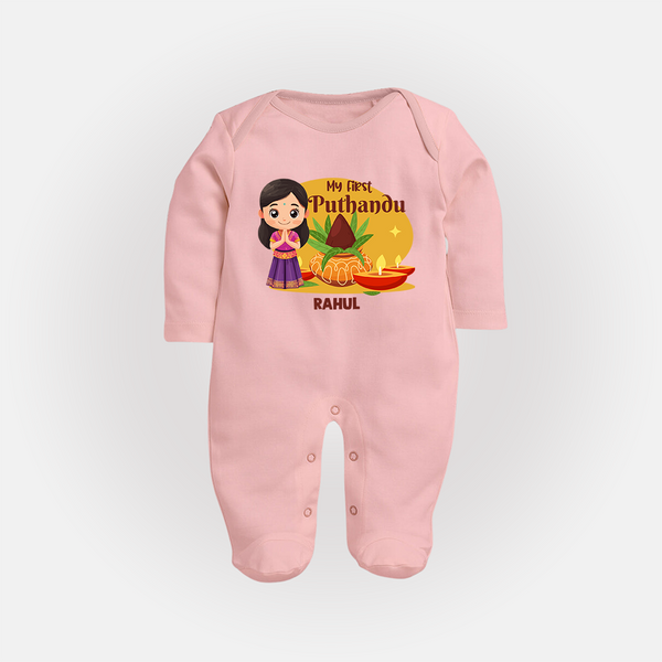 My First Puthandu Personalized Baby Full Body Suit – Traditional Tamil New Year Outfit - BABY PINK - New Born (Chest 7.5")