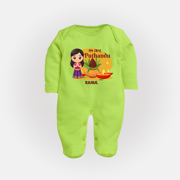 My First Puthandu Personalized Baby Full Body Suit – Traditional Tamil New Year Outfit - LIME GREEN - New Born (Chest 7.5")