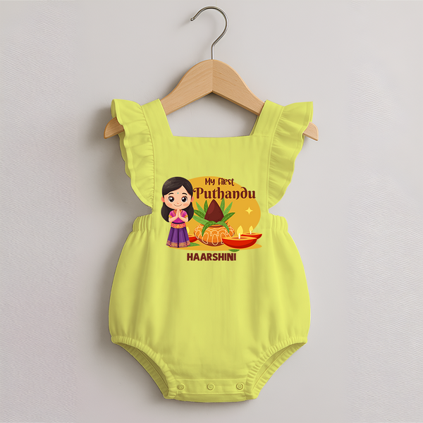 My First Puthandu Personalized Romper Frock – Traditional Tamil New Year Outfit - PASTEL YELLOW - 0 - 3 Months Old (Chest 19")