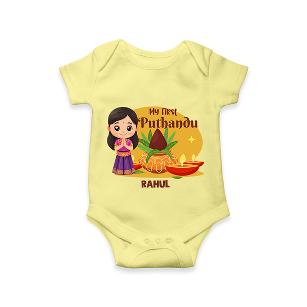 My First Puthandu Personalized Baby Romper – Traditional Tamil New Year Outfit - PASTEL YELLOW - New Born (Chest 14")