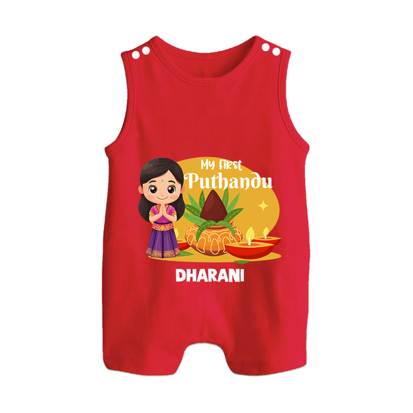 My First Puthandu Personalized Button Romper – Traditional Tamil New Year Outfit - RED - New Born (Chest 18")