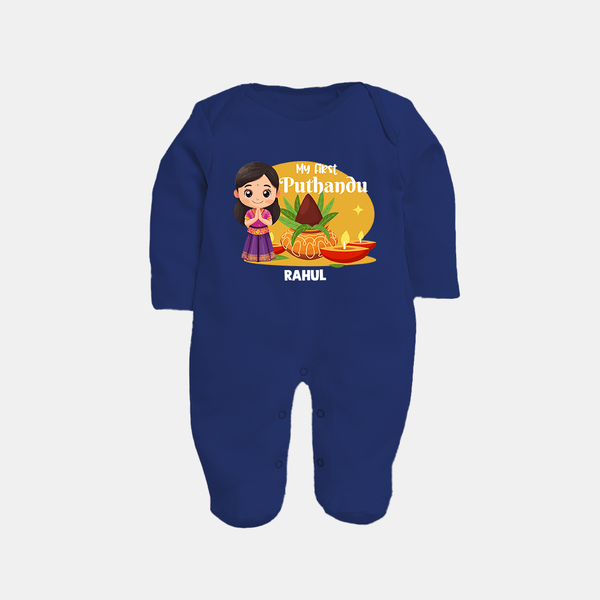 My First Puthandu Personalized Baby Full Body Suit – Traditional Tamil New Year Outfit - NAVY BLUE - New Born (Chest 7.5")