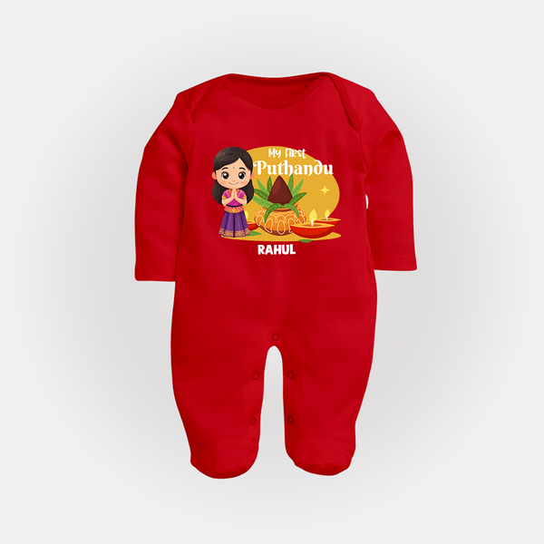 My First Puthandu Personalized Baby Full Body Suit – Traditional Tamil New Year Outfit - RED - New Born (Chest 7.5")