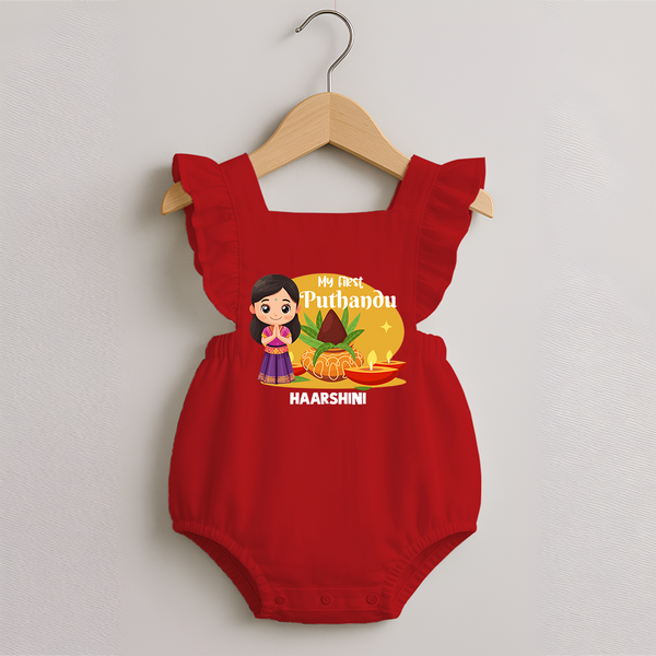 My First Puthandu Personalized Romper Frock – Traditional Tamil New Year Outfit - RED - 0 - 3 Months Old (Chest 19")