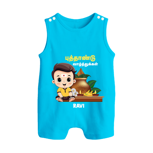 Happy Tamil New Year Personalized Button Romper – Traditional Festive Outfit - SKY BLUE - New Born (Chest 18")