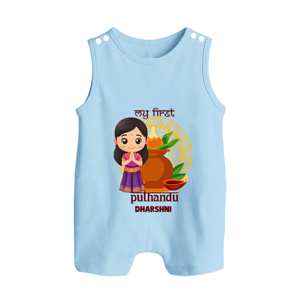 My First Puthandu Personalized Button Romper – Cultural Baby Girl Outfit - BABY BLUE - New Born (Chest 18")