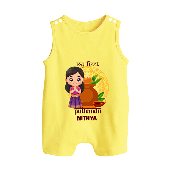 My First Puthandu Personalized Button Romper – Cultural Baby Girl Outfit - PASTEL YELLOW - New Born (Chest 18")