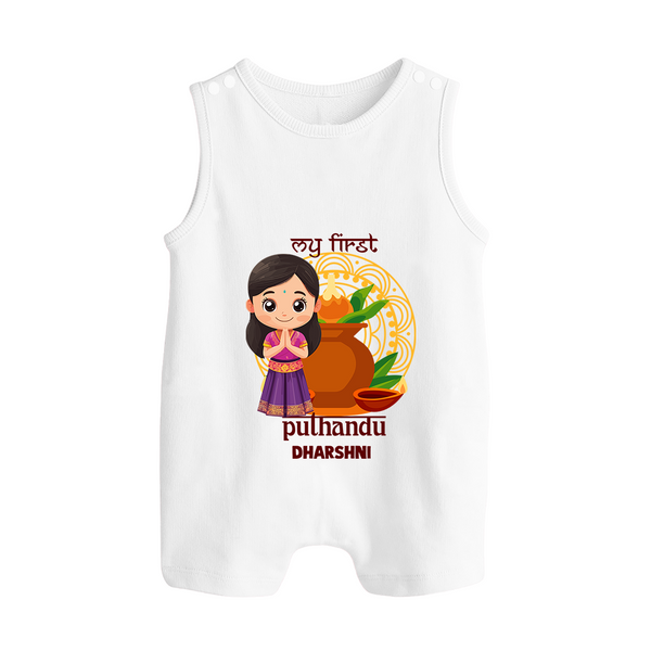 My First Puthandu Personalized Button Romper – Cultural Baby Girl Outfit - WHITE - New Born (Chest 18")