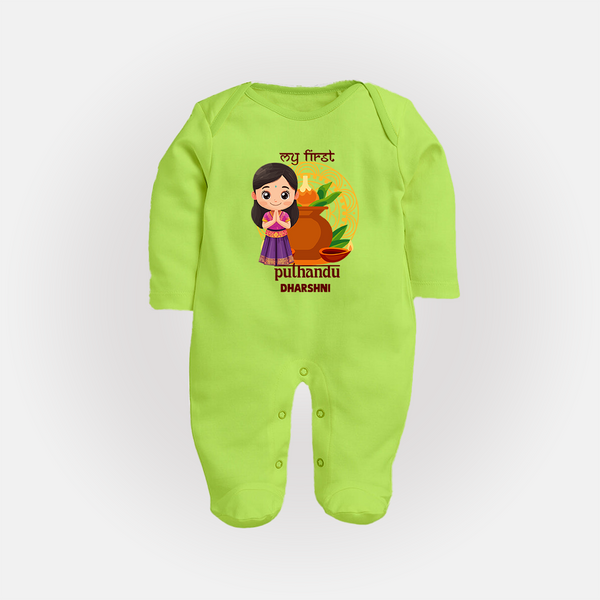My First Puthandu Personalized Baby Full Body Suit – Cultural Baby Girl Outfit - LIME GREEN - New Born (Chest 7.5")