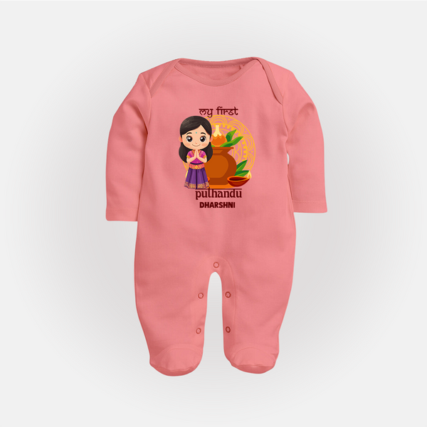 My First Puthandu Personalized Baby Full Body Suit – Cultural Baby Girl Outfit - PEACH - New Born (Chest 7.5")
