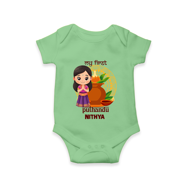 My First Puthandu Personalized Baby Romper – Cultural Baby Girl Outfit - GREEN - New Born (Chest 14")