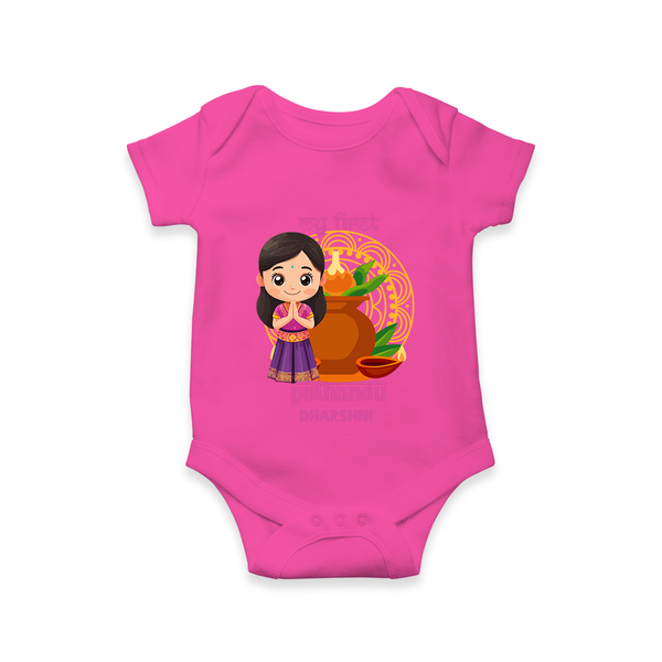 My First Puthandu Personalized Baby Romper – Cultural Baby Girl Outfit - HOT PINK - New Born (Chest 14")