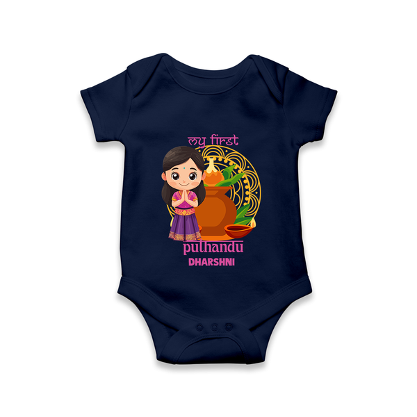 My First Puthandu Personalized Baby Romper – Cultural Baby Girl Outfit - NAVY BLUE - New Born (Chest 14")