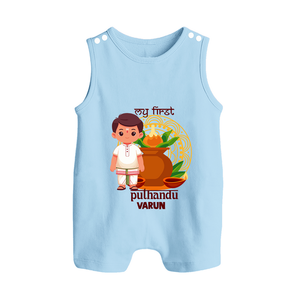 My First Puthandu Personalized Button Romper – Traditional South Indian Outfit - BABY BLUE - New Born (Chest 18")