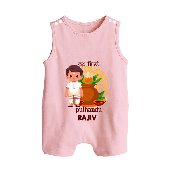 My First Puthandu Personalized Button Romper – Traditional South Indian Outfit - BABY PINK - New Born (Chest 18")