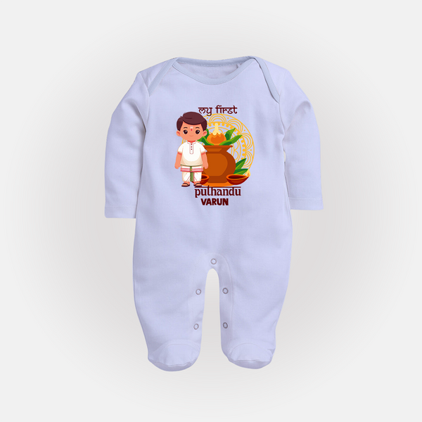 My First Puthandu Personalized Baby Full Body Suit – Traditional South Indian Outfit - BABY BLUE - New Born (Chest 7.5")