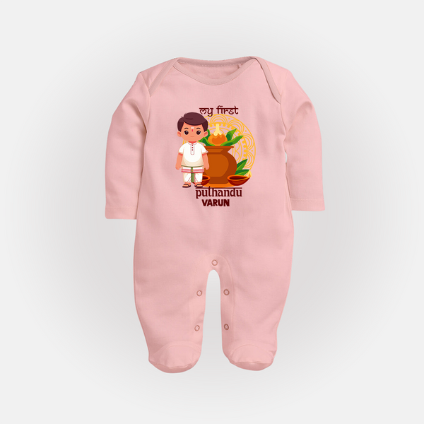 My First Puthandu Personalized Baby Full Body Suit – Traditional South Indian Outfit - BABY PINK - New Born (Chest 7.5")