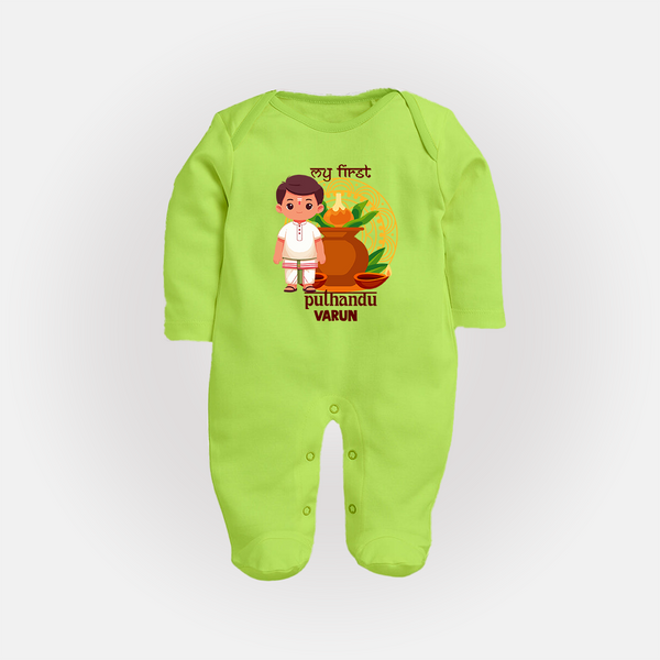 My First Puthandu Personalized Baby Full Body Suit – Traditional South Indian Outfit - LIME GREEN - New Born (Chest 7.5")