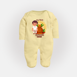 My First Puthandu Personalized Baby Full Body Suit – Traditional South Indian Outfit - PASTEL YELLOW - New Born (Chest 7.5")