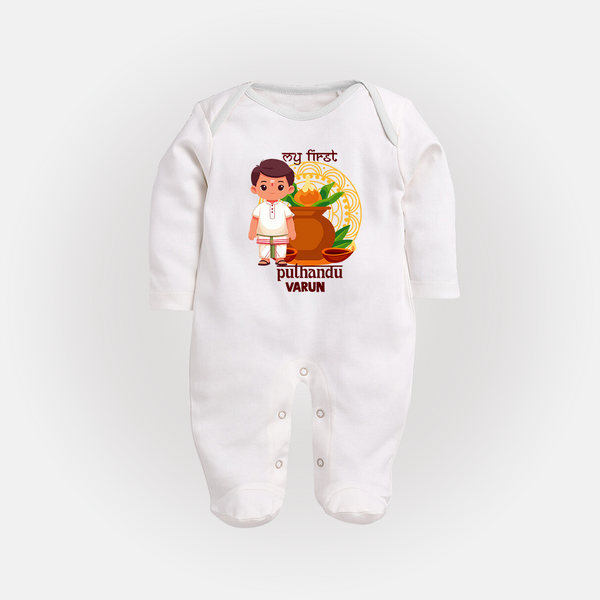 My First Puthandu Personalized Baby Full Body Suit – Traditional South Indian Outfit - WHITE - New Born (Chest 7.5")
