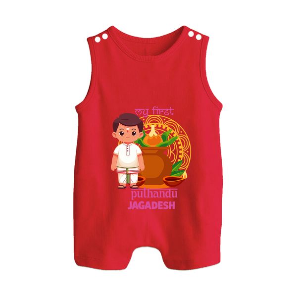 My First Puthandu Personalized Button Romper – Traditional South Indian Outfit - RED - New Born (Chest 18")