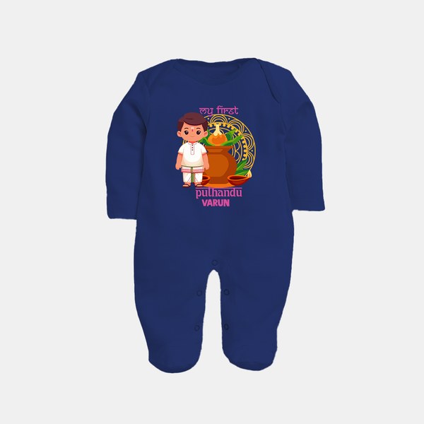 My First Puthandu Personalized Baby Full Body Suit – Traditional South Indian Outfit - NAVY BLUE - New Born (Chest 7.5")