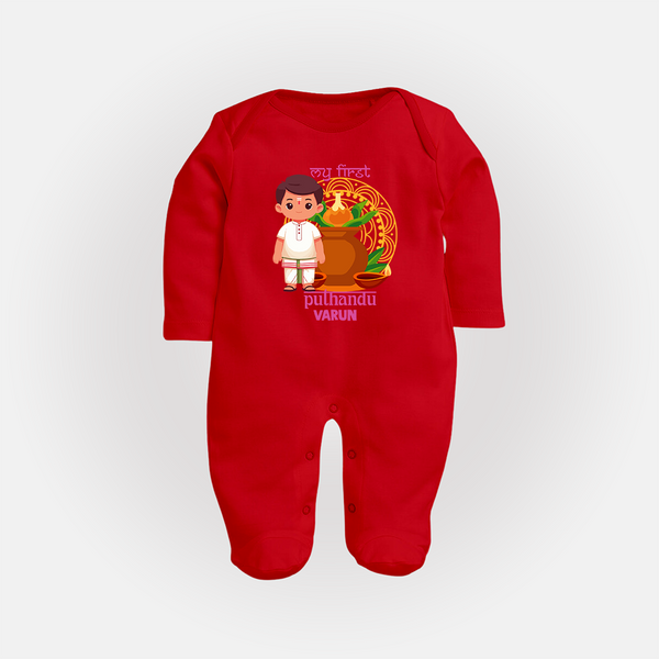 My First Puthandu Personalized Baby Full Body Suit – Traditional South Indian Outfit - RED - New Born (Chest 7.5")