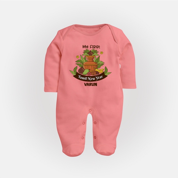 My First Tamil New Year Personalized Baby Full Body Suit – Heritage Festive Outfit - PEACH - New Born (Chest 7.5")