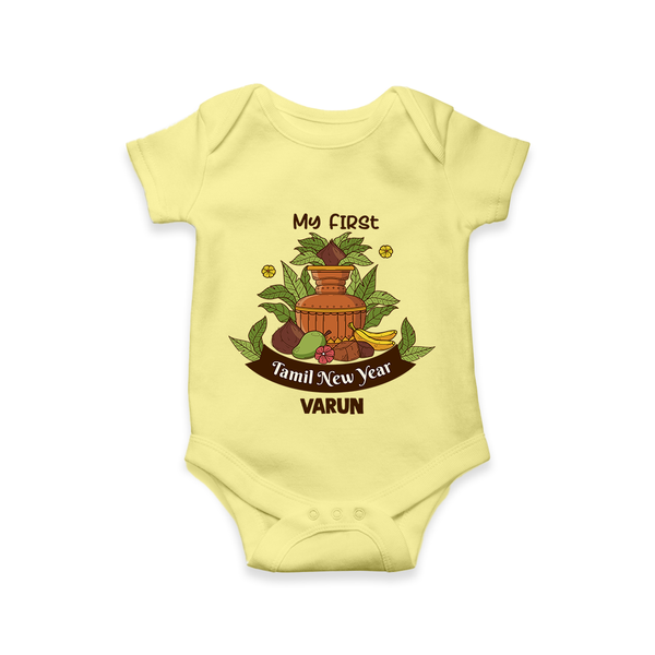 My First Tamil New Year Personalized Baby Romper – Heritage Festive Outfit - PASTEL YELLOW - New Born (Chest 14")