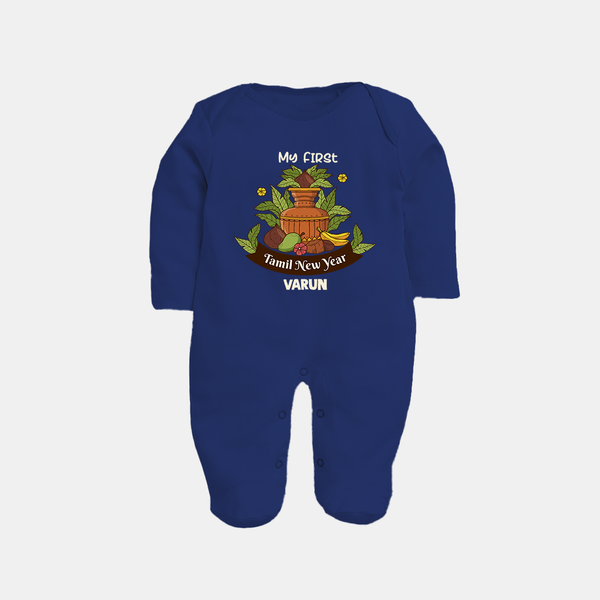 My First Tamil New Year Personalized Baby Full Body Suit – Heritage Festive Outfit - NAVY BLUE - New Born (Chest 7.5")