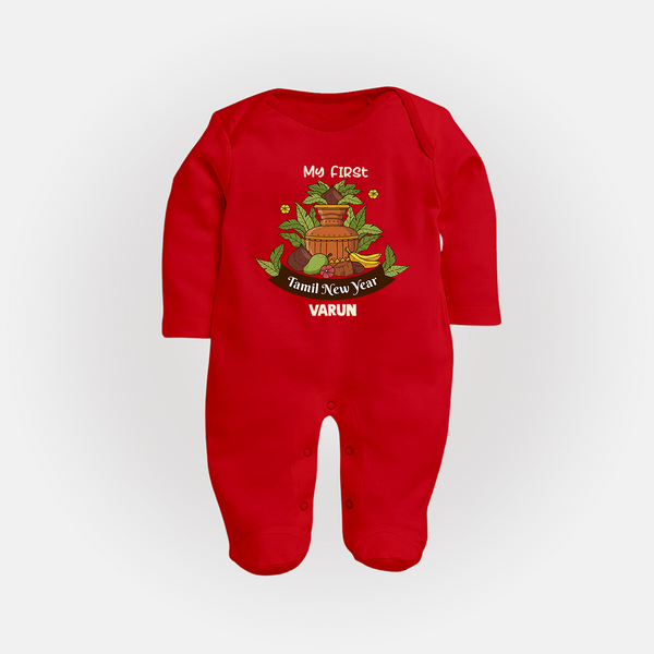 My First Tamil New Year Personalized Baby Full Body Suit – Heritage Festive Outfit - RED - New Born (Chest 7.5")