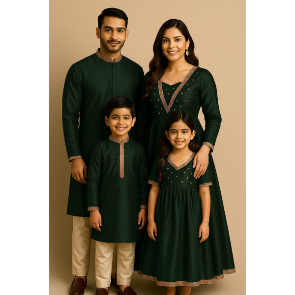 Indian family wearing coordinated raw silk ethnic outfits with golden lace embellishments — dad in kurta, mom in Anarkali set, son in kurta, and daughter in frock — festive family ethnic wear set.