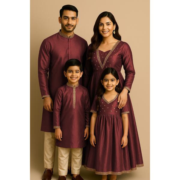Indian family wearing coordinated raw silk ethnic outfits with golden lace embellishments — dad in kurta, mom in Anarkali set, son in kurta, and daughter in frock — festive family ethnic wear set.